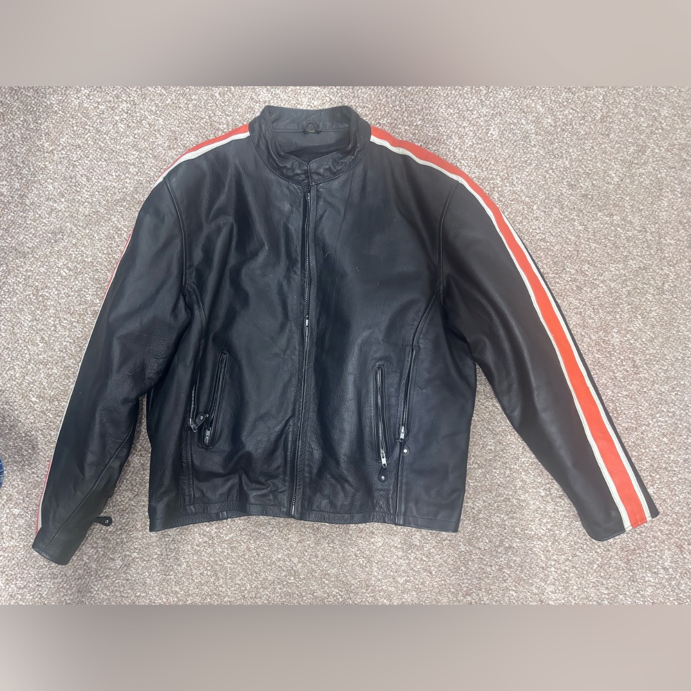 Men's Black Leather Performance Jacket with Red & White Sleeve Stripes